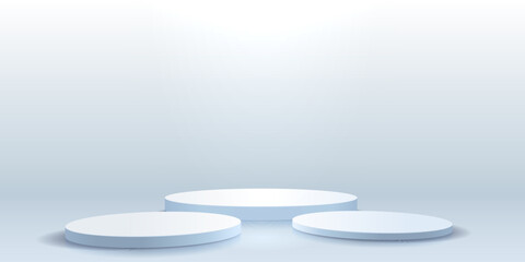 Three 3D cylindrical podiums with studio lighting.
