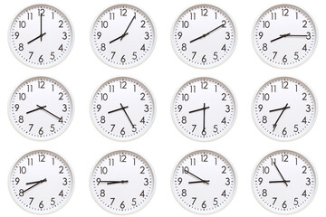 A set of 12 white analog wall clocks showing each hour from 08:00 to 08:55 or 20:00 to 20:55. Isolated on white background, suitable for time concept.