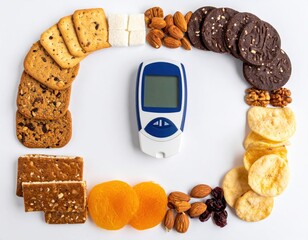 Diabetes glucose meter with cookies almonds sugar chips apricots healthy food diet control and snack concept
