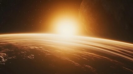 Abstract celestial body with glowing sun and planetary surface