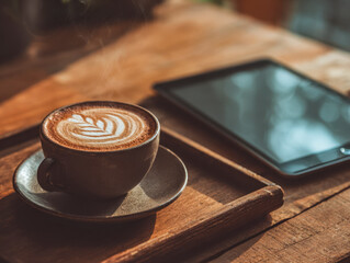 Steaming hot coffee in a cozy caf? setting with a tablet on a rustic wooden table