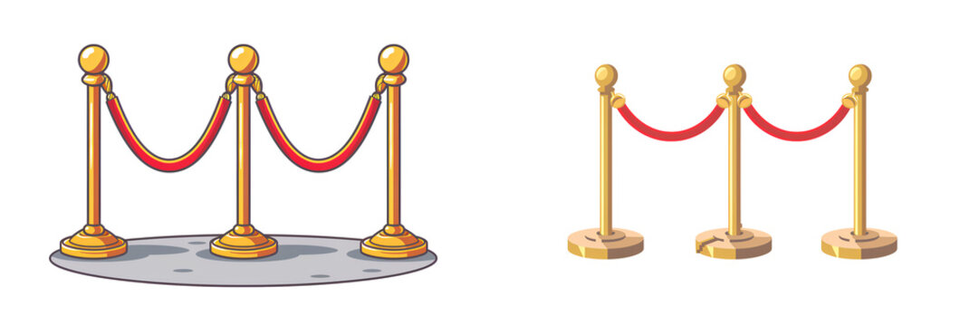 Set of cartoon golden stanchion posts with red velvet ropes isolated on transparent background

