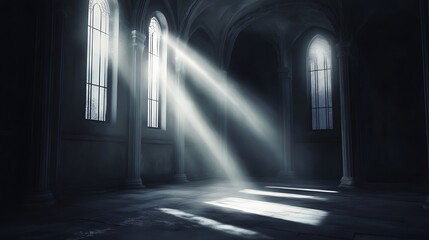 Sunlight streams through empty old building windows