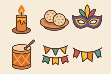 Festive icons: candle, cookies, mask, drum, banners for celebration themes