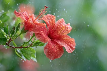 Vibrant Red Flower with Raindrops on Green Background in Tropical Garden