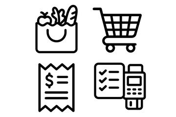 Grocery shopping icons set: bag, cart, receipt, checklist