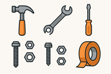 Fototapeta premium Illustrated toolkit basics: hammer, wrench, screwdriver, bolts, nuts, tape