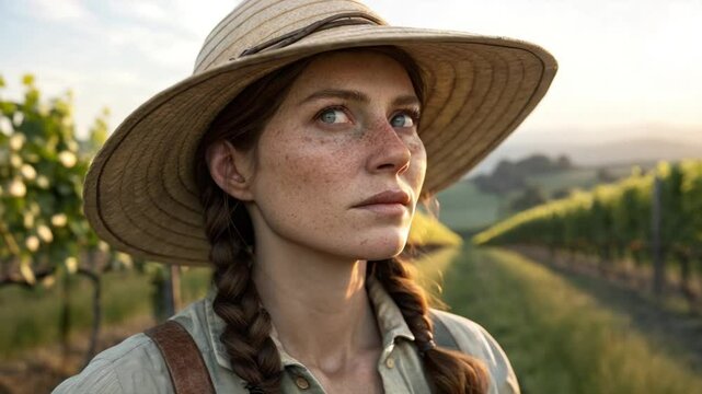 Serene Vineyard Portrait: Woman in Hat, Contemplative, Golden Hour Light.
