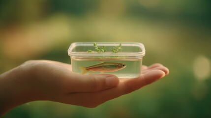 Obraz premium Hand Holding Clear Container with Water and Small Fish in Nature Background
