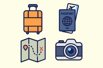 Obraz premium Travel essentials: luggage, passport, map, and camera icons for adventure