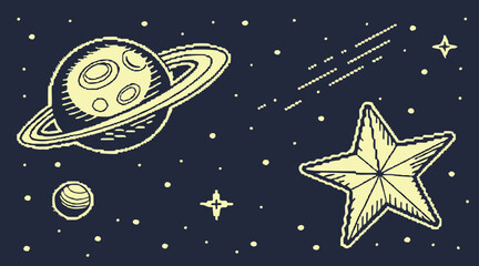 Surreal Space with Nebula and Fantasy Planets &mdash; Line Art Cosmic Backdrop Vector Illustration

