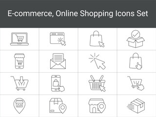 E-commerce and online shopping icons set. including carts, bags, clicks, packages, online shopping
e-commerce and delivery. Editable stroke. Vector illustration
