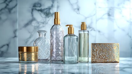 Cosmetic Products with Golden Detail on Marble Surface