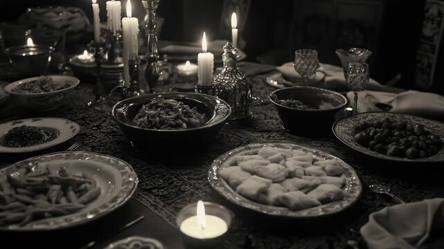 A table set for a fancy dinner party. The arrangement includes plates, silverware, candles and elegant table linen.