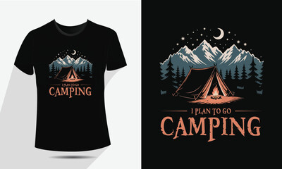 Minimal Line Art Camping and Mountain T-Shirt Design – Vector Outdoor Adventure Graphic with Tent, Campfire, Trees, and Moon – Vintage Hiking Badge for Apparel