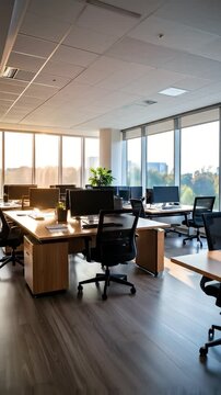 Bright, modern office with desks, computers, chairs, and large windows showing a cityscape bathed in sunlight