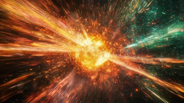 surreal explosion of binary code transforming into digital galaxy light trails and abstract particles