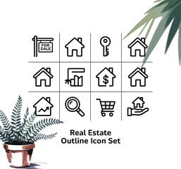 Fototapeta premium Vector Real Estate Icon Collection: Outline Symbols for Home Sales, Property, and Financial Transactions.