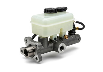 A close up shot of a brake master cylinder with reservoir on a white background in a studio setting