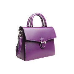 Elegant purple leather handbag with silver clasp on transparent background