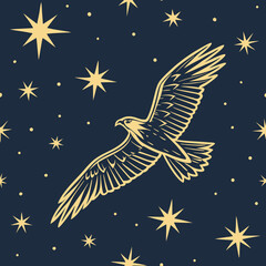 Fototapeta premium Hawk flying through twinkling stars in rich midnight sky seamless vector pattern