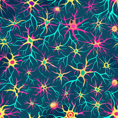 Vibrant seamless vector pattern of colorful neurons on dark background  