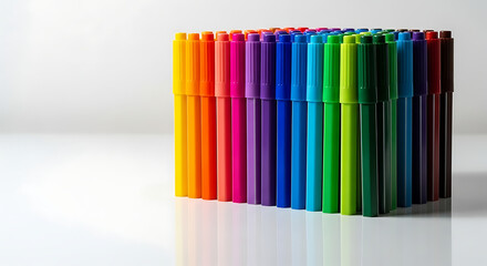 Obraz premium Colorful Markers Standing Upright on White Glossy Surface with Bright Lighting