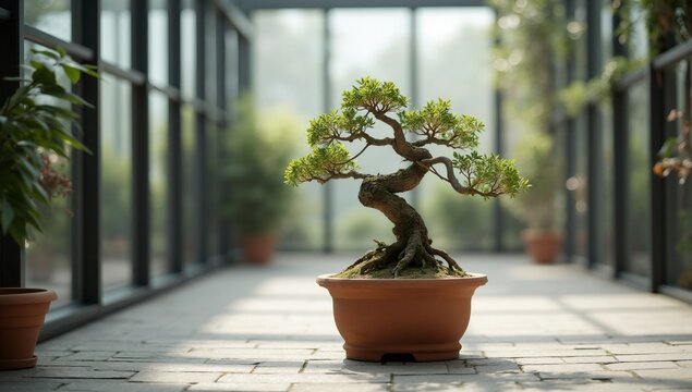 Beautiful miniature tree in a pot inside a bright greenhouse - Powered by Adobe
