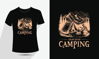 Minimal Line Art Camping and Mountain T-Shirt Design – Vector Outdoor Adventure Graphic with Tent, Campfire, Trees, and Moon – Vintage Hiking Badge for Apparel