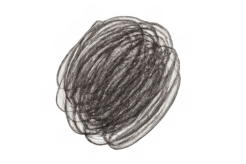 Graphite pencil scribbling forming chaotic, abstract circular sketch on transparent background, representing mental process of brainstorming