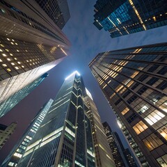 Night Skyscrapers Tall Building Bottom View