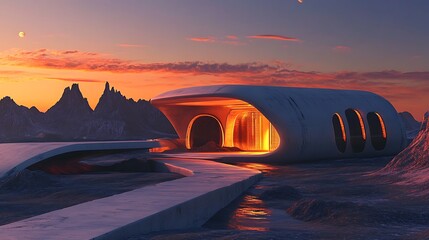 Abstract futuristic concrete building sunset landscape