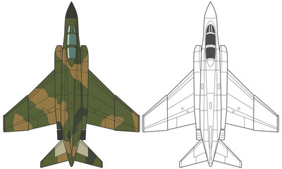Set F-4 phantom military aircraft design in line art and colored style from top view. Vector illustrations colorful f4 fighter jet. Outline drawing combat aircraft. United states modern airplane.