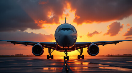 Airplane on Runway at Sunset with Dramatic Sky