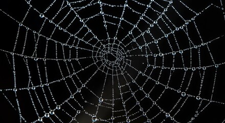Fototapeta premium Dew-Kissed Spiderweb A Glimpse into Nature's Intricate Artistry on a Dark Background, Showcasing Delicate Water Droplets and Silken Threads.