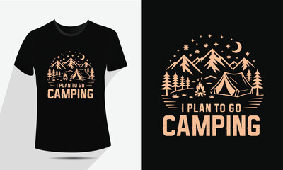 Minimal Line Art Camping and Mountain T-Shirt Design – Vector Outdoor Adventure Graphic with Tent, Campfire, Trees, and Moon – Vintage Hiking Badge for Apparel