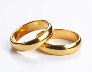 Golden wedding rings with white background.