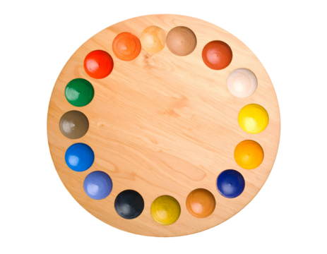Wooden palette with colorful paint blobs
