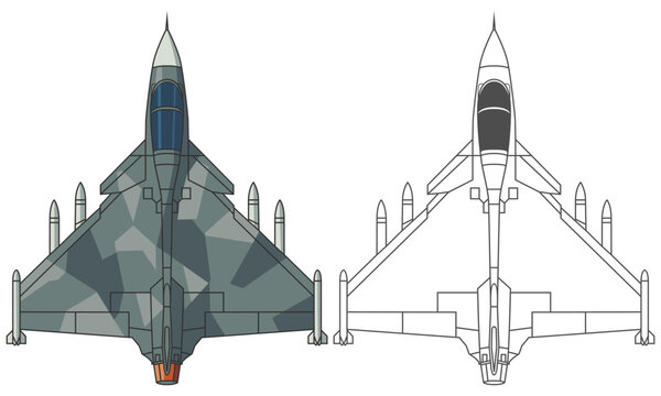 Set hal tejas military aircraft design in line art and colored style from top view. Vector illustrations colorful fighter jet. Outline drawing india modern combat aircraft.