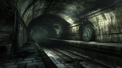 Underground railway tunnel with tracks and platform