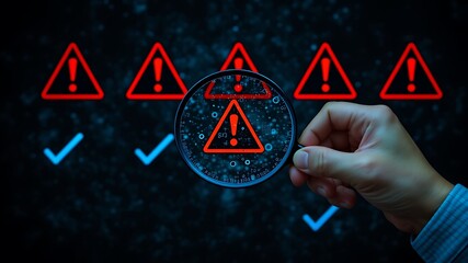 Examining digital warning signs and approvals with a magnifying glass highlighting risk assessment and verification processes