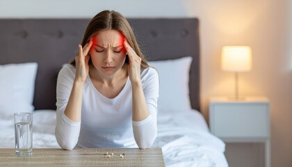 Woman headache pain migraine stress depression health problem sick ill unwell suffering medical tension head pain