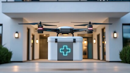 Futuristic drone delivering medical kit delivery technology