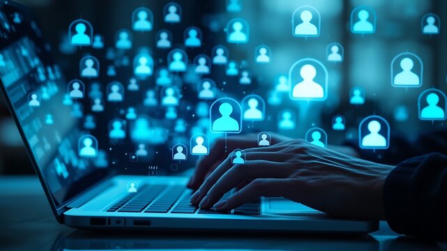 Hands typing on a laptop surrounded by glowing blue user icons representing a digital network and connections