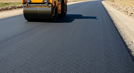 Road roller working on asphalt pavement