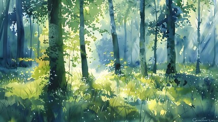Obraz premium Captivating Watercolor Forest Landscape with Lush Foliage and Dappled Sunlight