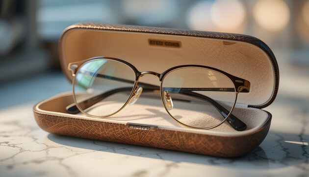 Stylish glasses in case on light table, closeup - Powered by Adobe