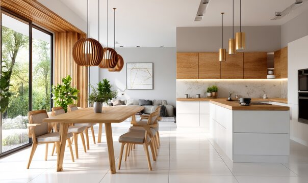 モダンなダイニングキッチンとリビングルーム