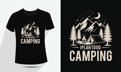 Minimal Line Art Camping and Mountain T-Shirt Design – Vector Outdoor Adventure Graphic with Tent, Campfire, Trees, and Moon – Vintage Hiking Badge for Apparel