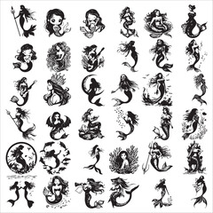 Obraz premium Diverse Mermaid Silhouette Icon Set